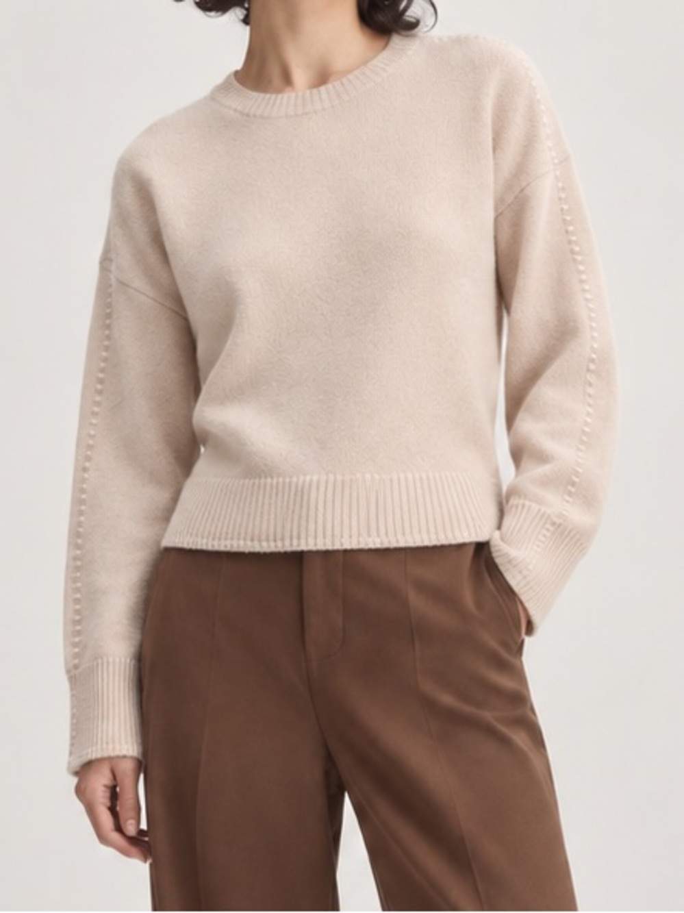 Everlane Wool Crewneck Exposed Stitch Side Slit Sweater Oatmeal Beige Minimalist